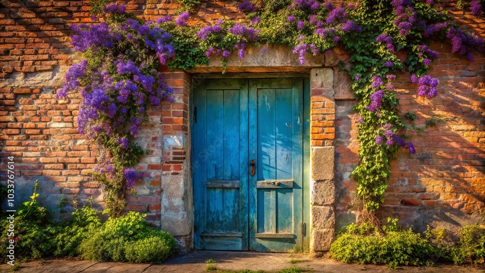 A weathered, wooden door with a rustic, blue paint finish, framed by a vibrant tapestry of purple blossoms cascading down a brick wall. A weathered, wooden door with a rustic, blue paint finish, framed by a vibrant tapestry of purple blossoms cascading down a brick wall.