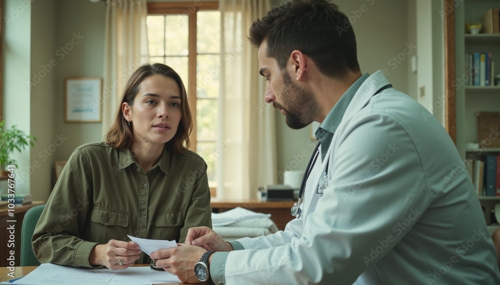 Doctor explaining medical results to patient in cozy medical office Doctor explaining medical results to patient in cozy medical office