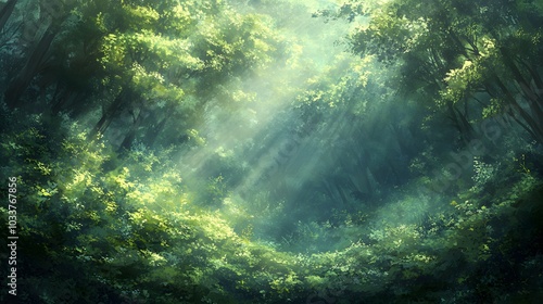 A mystical forest scene features soft, diffused light cascading through treetops, emphasizing lush greenery and dappled lighting that invites viewers into this enchanting natural realm.