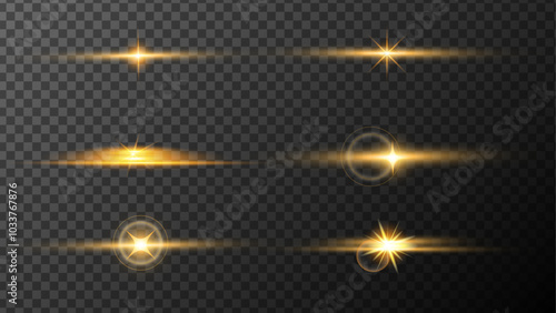 Lights flare, star flash light, sun rays.Glowing light effect.
Light rays of light set. Golden color with glare and flashes isolated on a transparent background. Light star gold. Light sun gold. 