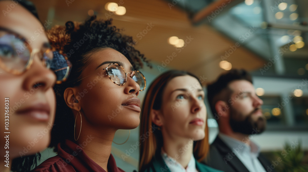 Diverse group of professionals in business attire standing confidently in modern office lobby, symbolizing dynamic labor market and urban work environment. Diverse group of professionals in business attire standing confidently in modern office lobby, symbolizing dynamic labor market and urban work environment.