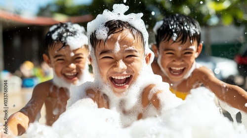 Three children joyfully enjoying foam play, their faces lit up with smiles amidst a cascade of white bubbly foam under a vivid blue sky, capturing childhood glee.