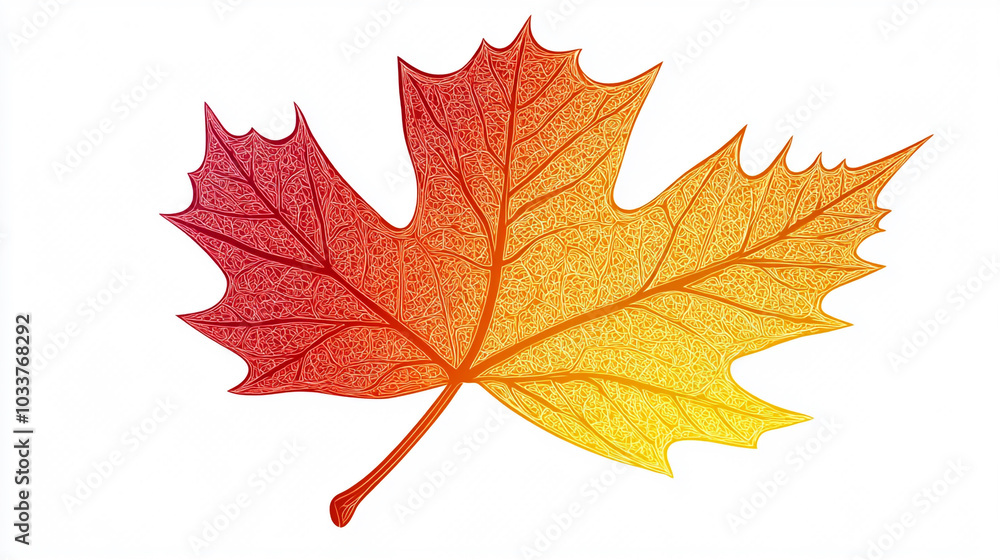 Fototapeta premium Red and Yellow Autumn Leaf with Detailed Veins Isolated on White Background