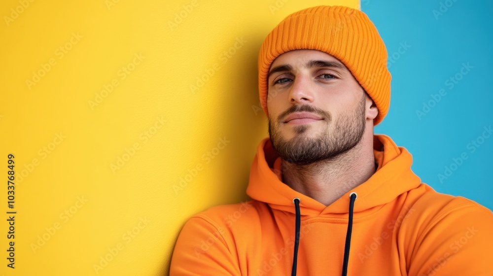 A man with a beard and orange beanie leans on a yellow and blue wall, wearing an orange hoodie. The image showcases vibrant colors and laid-back style. A man with a beard and orange beanie leans on a yellow and blue wall, wearing an orange hoodie. The image showcases vibrant colors and laid-back style.