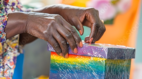 Unwrapping Joy: Hands gently pulling apart the lid of a rainbow box, anticipation evident in the fingers’ movement.  photo