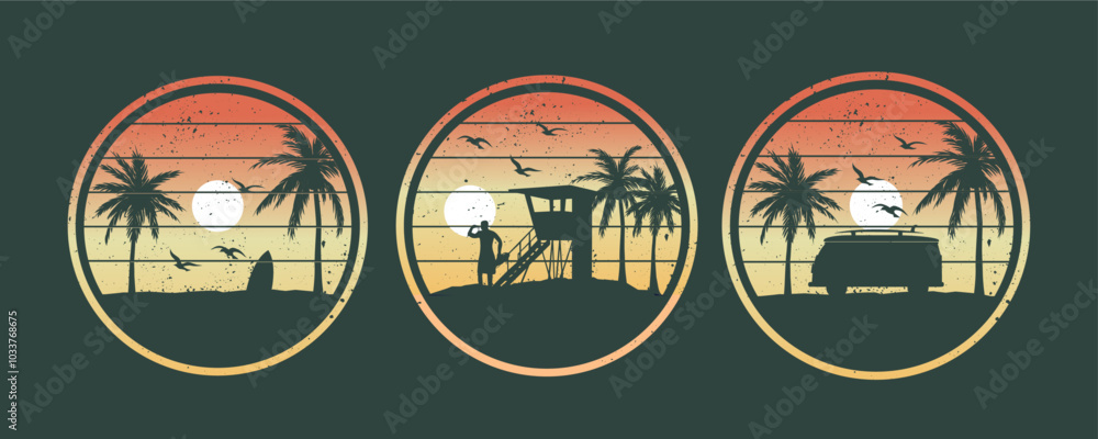 Colección de estampados de camisetas en estilo vacacional | Miami LA USA Hawaii good vibes | Plantillas de gráficos vectoriales para prendas de vestir y ropa