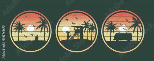 Obraz na płótnie Colección de estampados de camisetas en estilo vacacional | Miami LA USA Hawaii good vibes | Plantillas de gráficos vectoriales para prendas de vestir y ropa w salonie