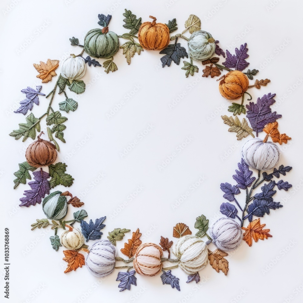 Fototapeta premium Colorful autumn wreath embroidery