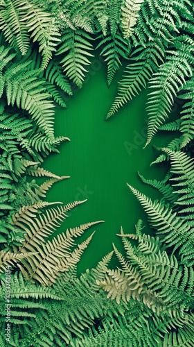 A vibrant display of ferns creates a lush frame, highlighting a deep green backdrop. The intricate details of the leaves bring a serene, natural beauty.