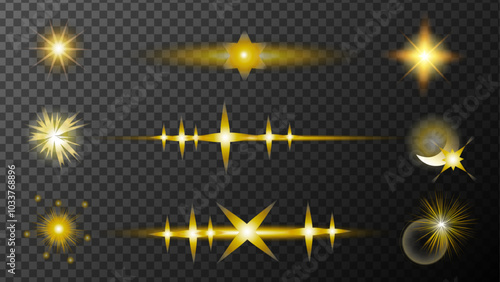 Lights flare. Set star flash light, sun rays.Vector glowing light effect collection. Shiny, sparks, flare. Glowing light effect. Elements for the design of the game.
