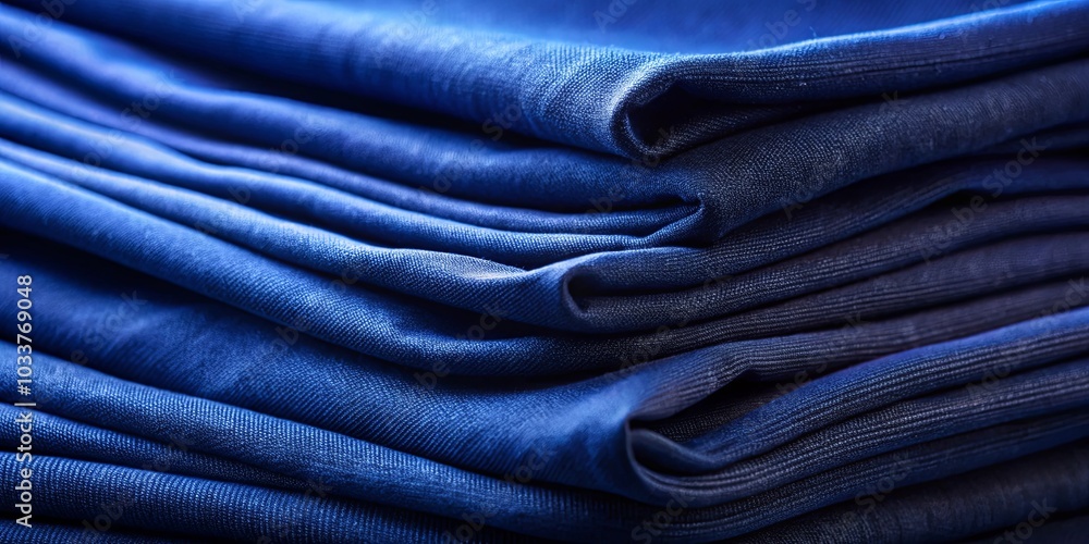 A Delicate Stack of Blue Fabric with Folds and Wrinkles, Displaying the Texture and Smoothness of the Material A Delicate Stack of Blue Fabric with Folds and Wrinkles, Displaying the Texture and Smoothness of the Material