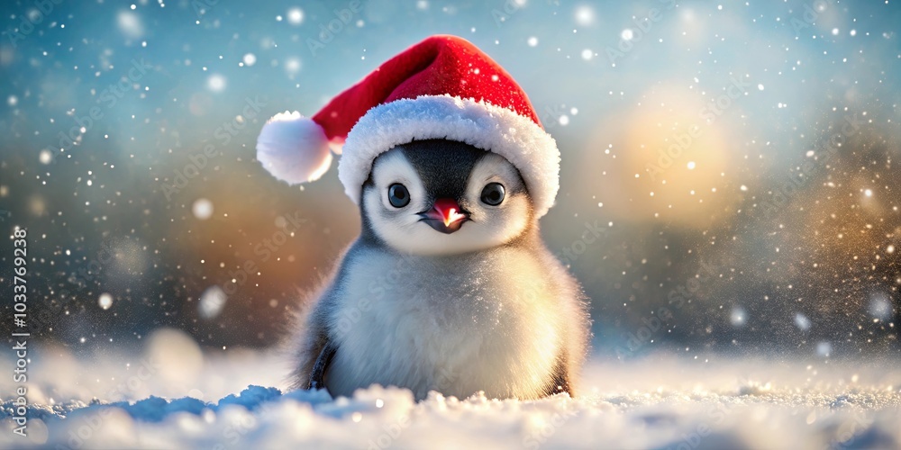A Tiny Penguin Dressed in Red, Gazing Up at the Falling Snow with Innocent Curiosity A Tiny Penguin Dressed in Red, Gazing Up at the Falling Snow with Innocent Curiosity