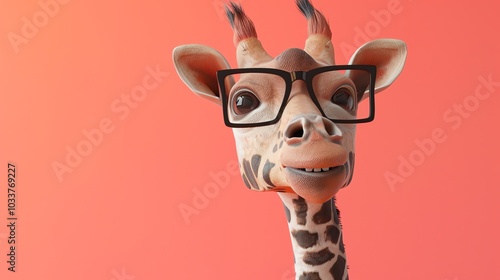 A cartoon giraffe with glasses looking to the side in front of a pink background. photo