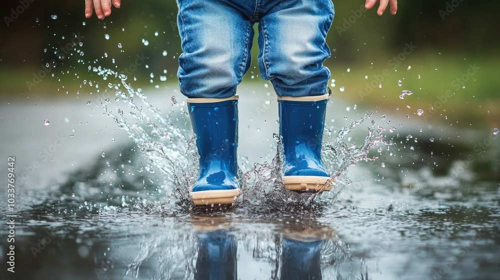 Child Jumping in Puddles in Blue Rain Boots Child Jumping in Puddles in Blue Rain Boots