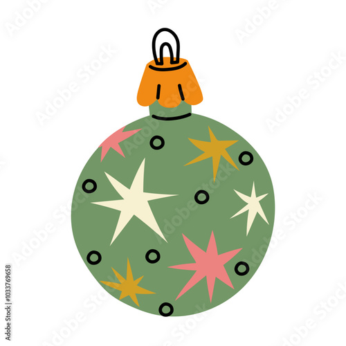 A Soviet Christmas tree toy. A round ball with stars, a glass colored toy. Cute illustration in vintage colors. New Year, Christmas elements. An isolated object is hanging on the Christmas tree