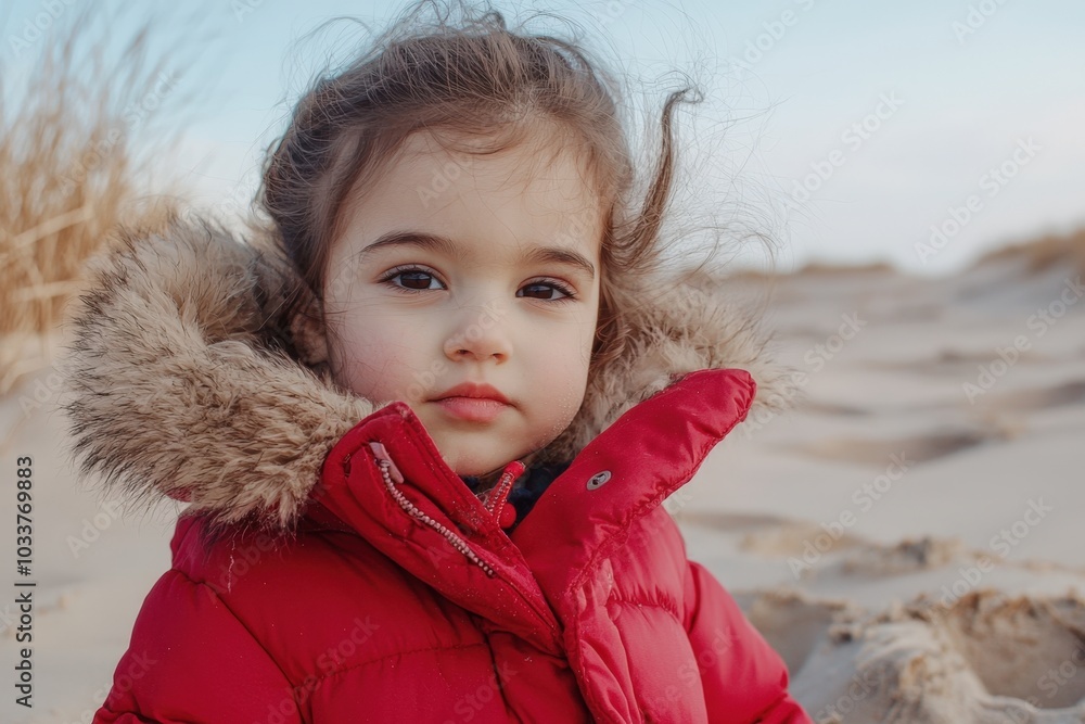 A thoughtful child in a red coat gazes thoughtfully at the beach on a chilly day