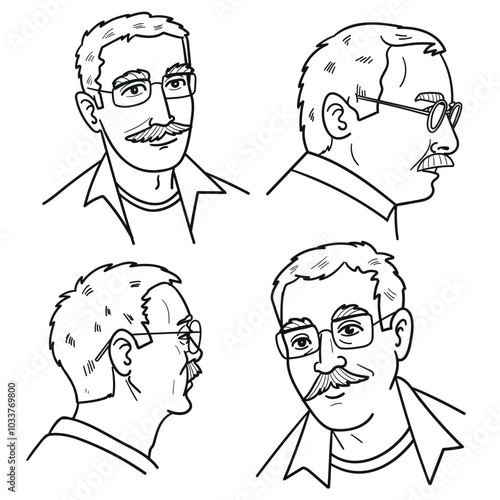 Black-and-white vector illustration of a man with glasses and a mustache in multiple angles. Ideal for portraits, character design, or technical drawings.