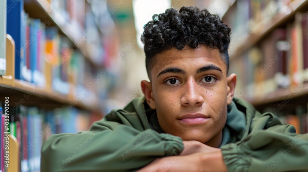 Young Hispanic man in green jacket resting in library surrounded by books Young Hispanic man in green jacket resting in library surrounded by books