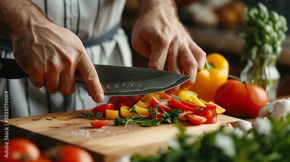 A chef is chopping vegetables on a wooden cutting board. A chef is chopping vegetables on a wooden cutting board.