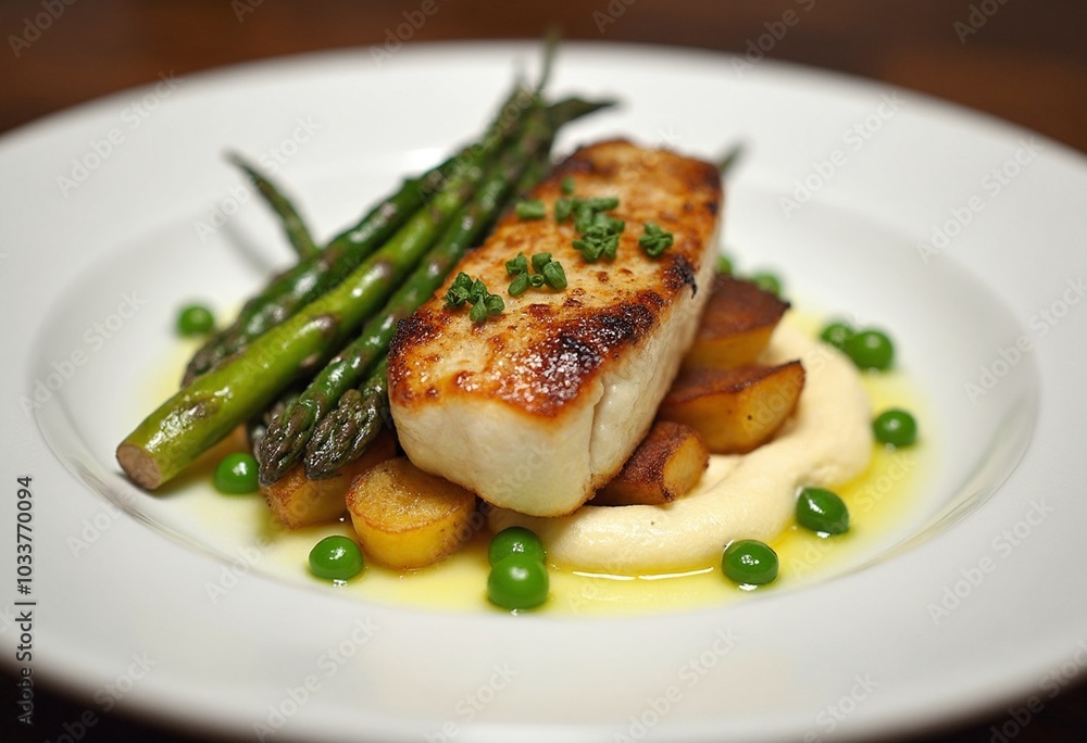 Professional food photography featuring a seared arctic char fillet with spring dug parsnip puree, fried potatoes Professional food photography featuring a seared arctic char fillet with spring dug parsnip puree, fried potatoes