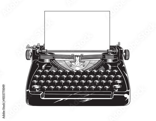 Old vintage typewriter and a blank sheet of paper inserted. Isolated on white background. Black and white vector illustration