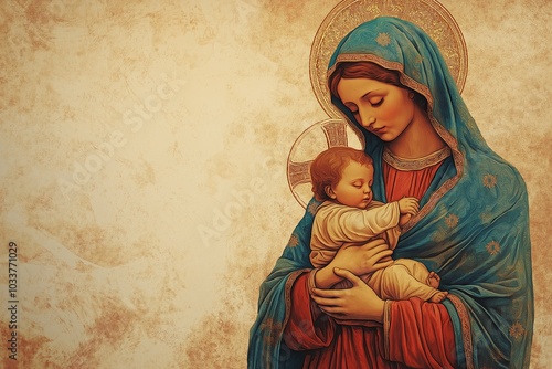 Mother Mary cradling baby Jesus close, both wrapped in vibrant blue and red robes

