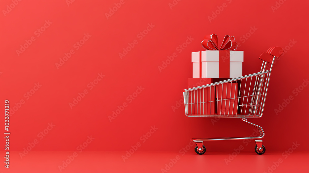 A shopping cart filled with festive gifts against a vibrant red background, perfect for holiday marketing and seasonal promotions.