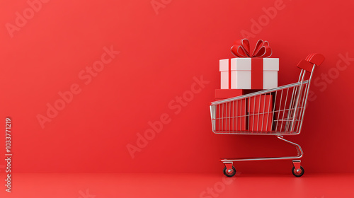 Obraz na płótnie A shopping cart filled with festive gifts against a vibrant red background, perfect for holiday marketing and seasonal promotions. w salonie