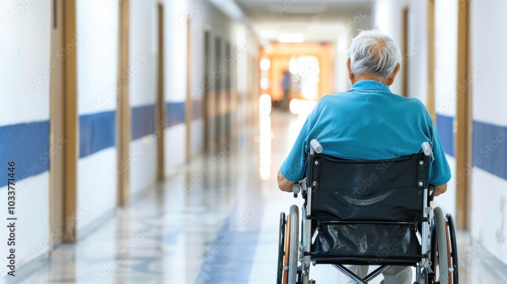 Elderly man in wheelchair navigating long hallway in assisted living facility Elderly man in wheelchair navigating long hallway in assisted living facility