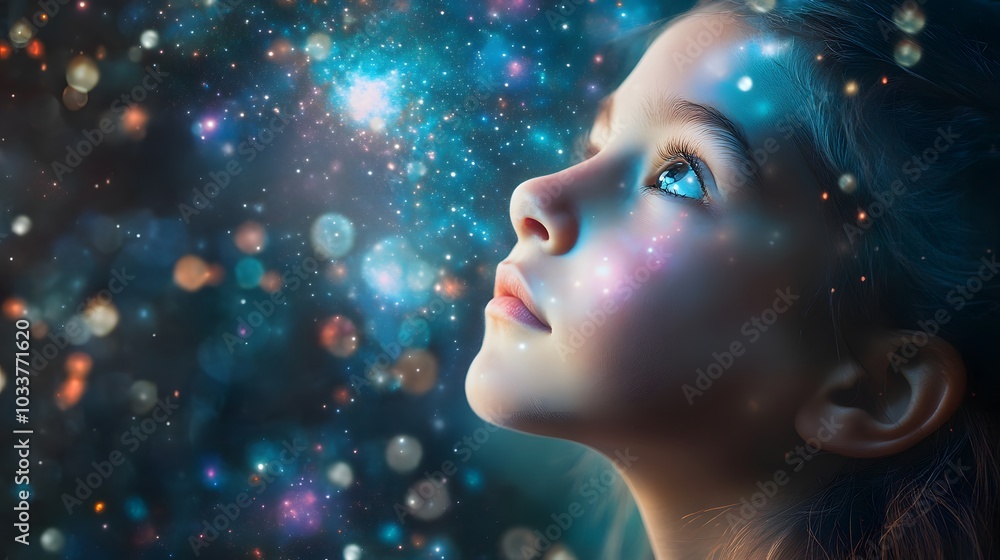 Young girl gazing up at a sparkling blue nebula. Young girl gazing up at a sparkling blue nebula.
