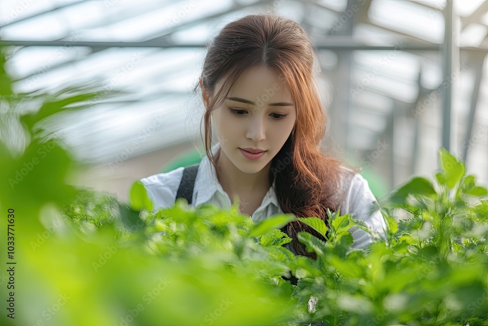 Woman tending to plants in a greenhouse. This photo is perfect for illustrating the beauty and care involved in gardening. Woman tending to plants in a greenhouse. This photo is perfect for illustrating the beauty and care involved in gardening.
