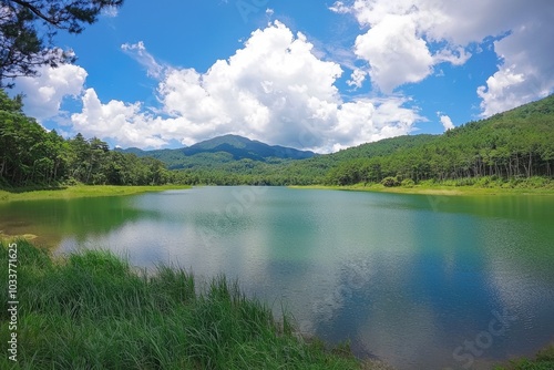 Tranquil lake reflecting mountains under a bright sky on a sunny day