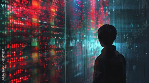 Wallpaper Mural Silhouette of anonymous person silhouetted against an abstract futuristic digital network with glowing neon lights suggesting intelligence cybersecurity or technology concepts Torontodigital.ca