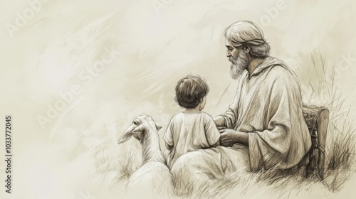 Elderly Shepherd Passing Down Wisdom and Compassionate Care to Young Apprentice in Serene Pastoral Countryside