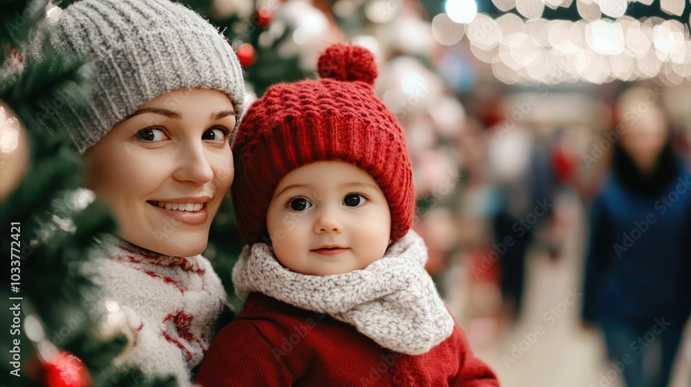 A smiling mother and her young child bundled up in winter clothing strolling down a snowy city street searching for the perfect Christmas tree and enjoying the festive atmosphere A smiling mother and her young child bundled up in winter clothing strolling down a snowy city street searching for the perfect Christmas tree and enjoying the festive atmosphere