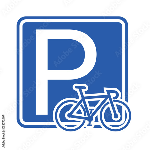 Isolated printable label sticker of bicycle parking sign in blue white rectangle square format, a bike parking area with illustration of vintage road bike
