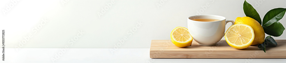 White cup with green or herbal tea with fresh lemon on wooden board on white background. Banner with space for text for advertising products, detox and weight loss, drink for seasonal colds White cup with green or herbal tea with fresh lemon on wooden board on white background. Banner with space for text for advertising products, detox and weight loss, drink for seasonal colds