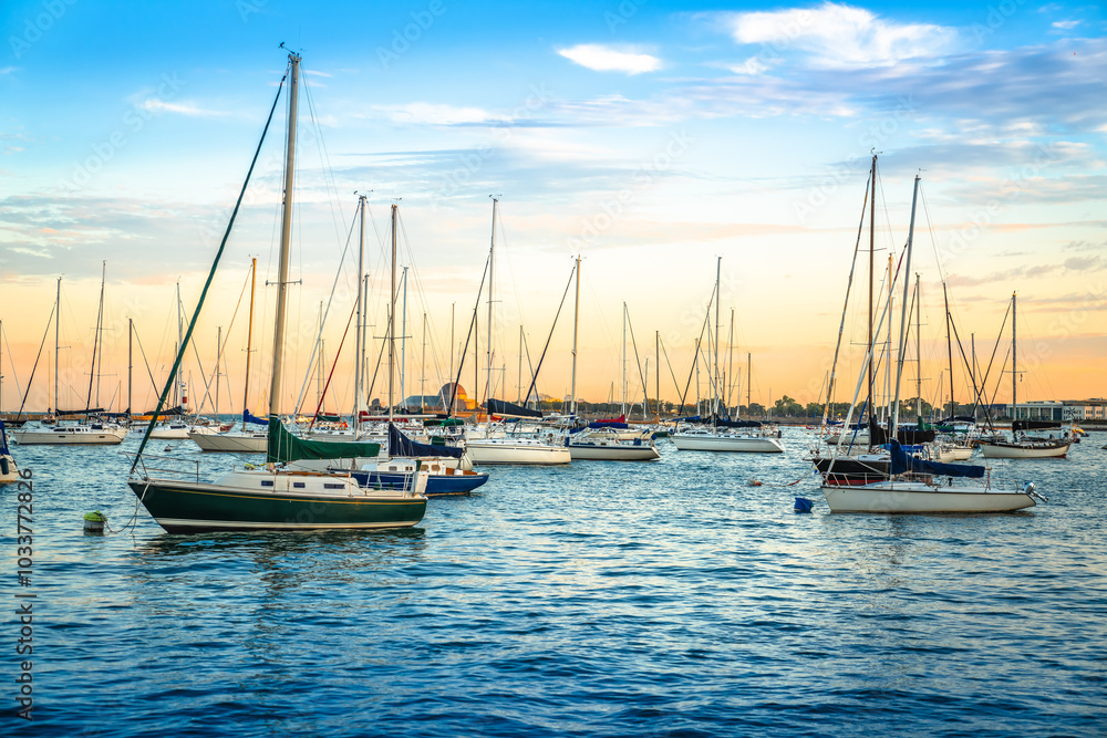 Chicago sailing harbor on Michigan lake sunset view