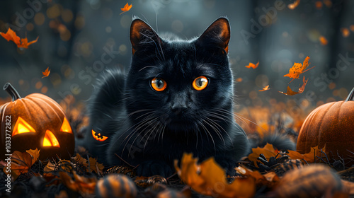 Halloween banner with tradition symbols. Black cat illustration