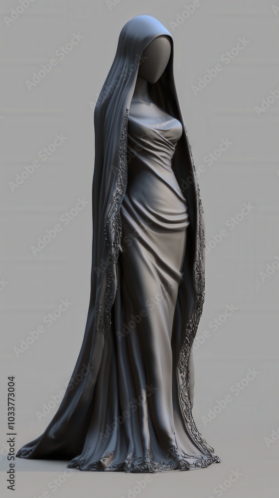 Naklejka premium Elegant cloaked figure artfully draped in flowing fabric against a minimalist background