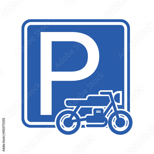 Printable isolated rectangle square blue and white parking area, with illustration pictogram of motor bike, motorcycle, bicycle, vehicle park lot sign