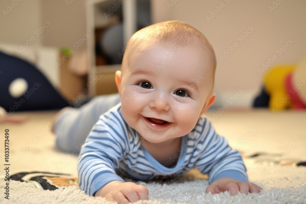 Fototapeta premium A joyful baby exploring a cozy home environment during playtime on a soft rug