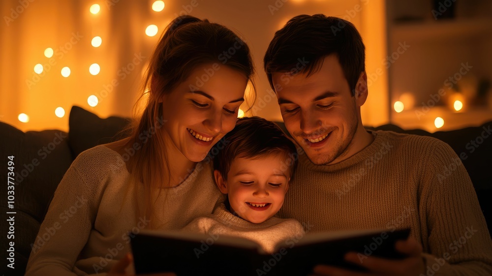 Joyful family spending time together flipping through a cherished old photo album in their cozy warm lit living room Smiles and laughter fill the intimate Joyful family spending time together flipping through a cherished old photo album in their cozy warm lit living room Smiles and laughter fill the intimate