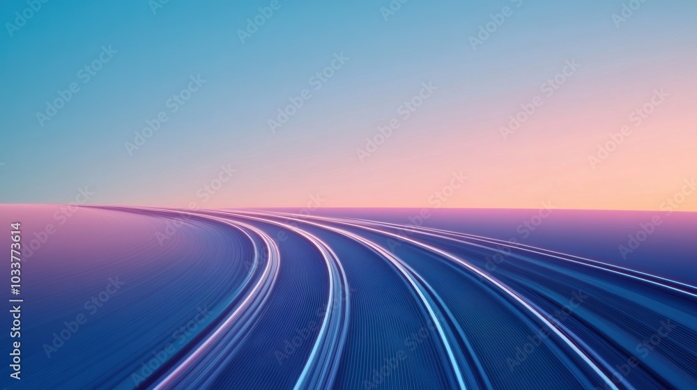 Naklejka premium A minimalist train icon travels smoothly along elegant tracks, highlighted by a calming pastel sky during twilight hours. Generative AI