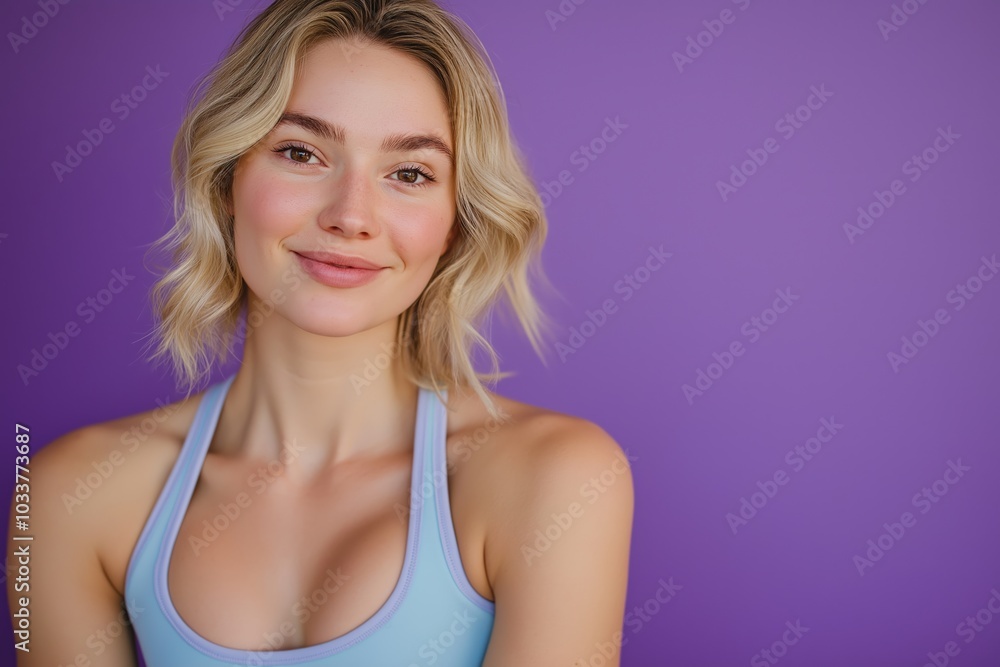 Happy woman in a sports outfit smiling against a purple background
Happy woman in a sports outfit smiling against a purple background