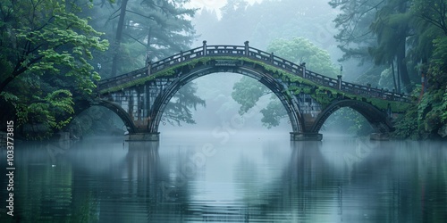 Arched bridge at sunset in a traditional Jiangnan water town, Zhejiang province. A beautiful depiction of Chinese culture with serene waterways, ancient architecture, and golden sunset light reflectin photo