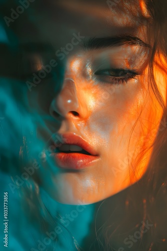 Abstract portrait of young woman with dramatic lighting and colors