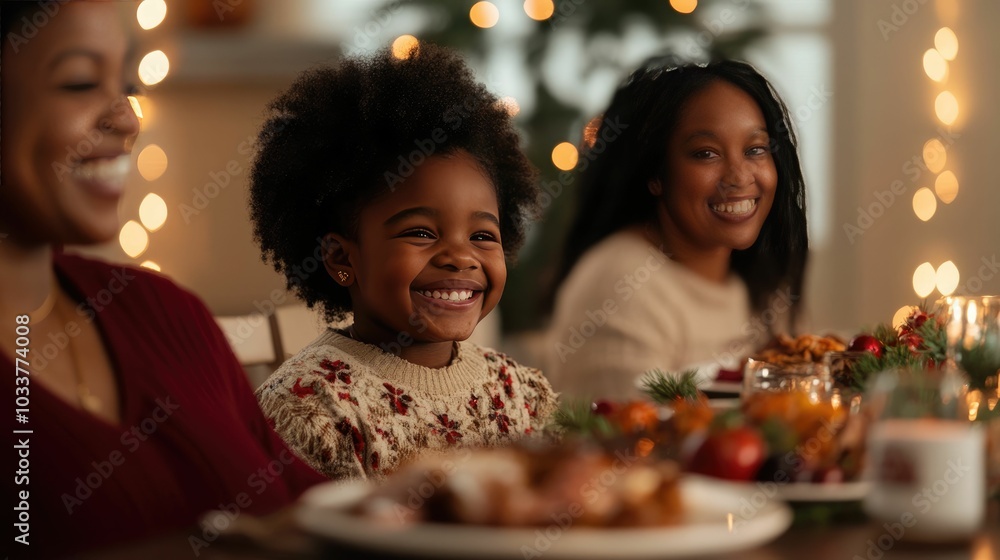 Three of a family gathered around a dinner table sharing a joyful holiday meal and laughter creating a heartwarming sense of togetherness and cherished tradition Three of a family gathered around a dinner table sharing a joyful holiday meal and laughter creating a heartwarming sense of togetherness and cherished tradition