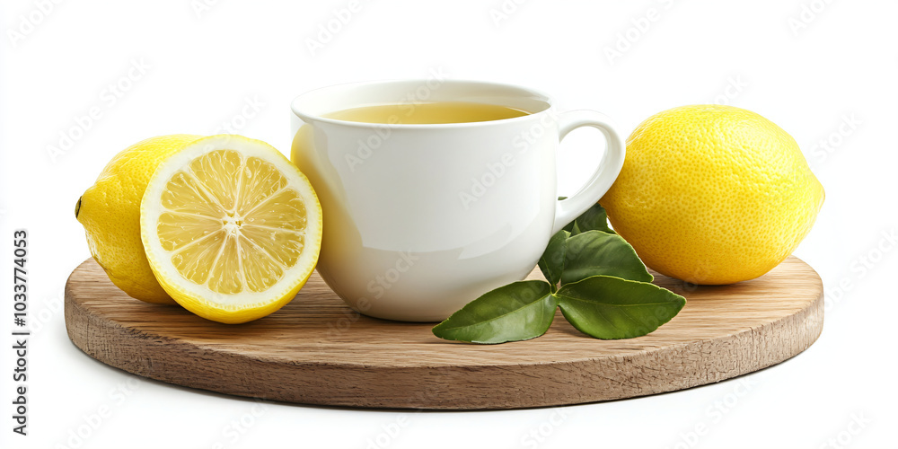 White cup with green or herbal tea with fresh lemon on wooden board on white background. Design for advertising products, detox and weight loss, drink for seasonal colds White cup with green or herbal tea with fresh lemon on wooden board on white background. Design for advertising products, detox and weight loss, drink for seasonal colds
