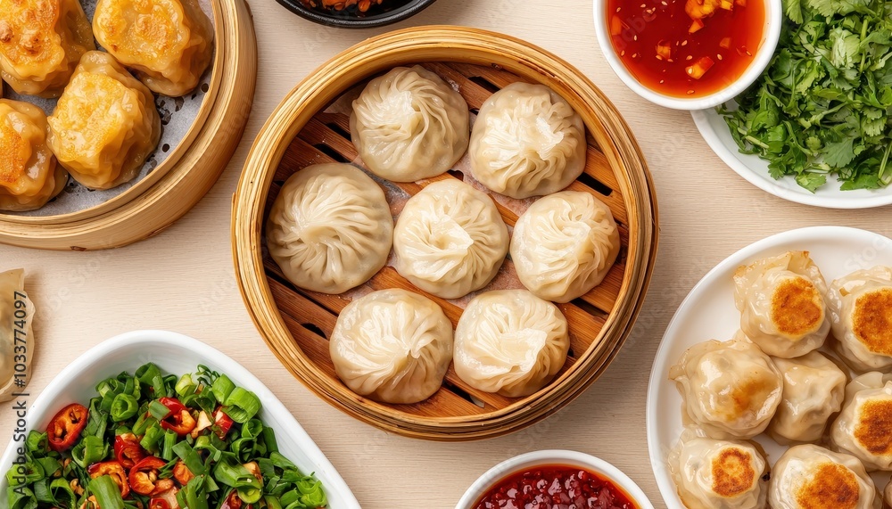 A delicious spread of steamed dumplings, vibrant greens, and flavorful sauces, served in a traditional setting, perfect for sharing and enjoying. A delicious spread of steamed dumplings, vibrant greens, and flavorful sauces, served in a traditional setting, perfect for sharing and enjoying.